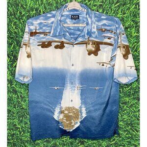 VTG Aircraft Carrier Planes Navy Air Force AOP XXL Graphic Button Front Shirt